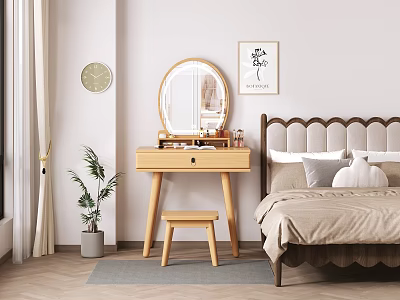 Cozy Bedroom With Wooden Dressing Table Mirror Stool Wall Art Clock And Plant 3d model