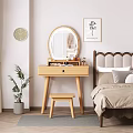 Cozy Bedroom With Wooden Dressing Table Mirror Stool Wall Art Clock And Plant