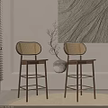 Modern Wooden Bar Stools With Rattan Design In Minimalist Interior With Vase And Wall Decor