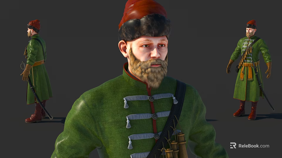 Historical Man In Green Military Uniform With Red Hat Beard Straps And Binoculars 3d model 