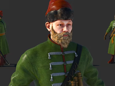 Historical Man In Green Military Uniform With Red Hat Beard Straps And Binoculars 3d model