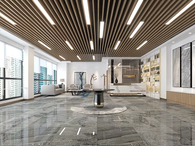 Modern Front Desk Reception Area With Wooden Ceiling Marble Floor Large Windows And Sofa 3d model