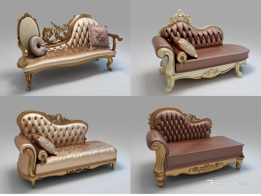Ornate Carved Golden Frame Luxury European Chaise Lounge With Soft Upholstered Seats 3d model 