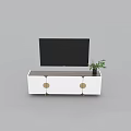Modern White TV Stand with Gold Accents Dark Top and Green Plant