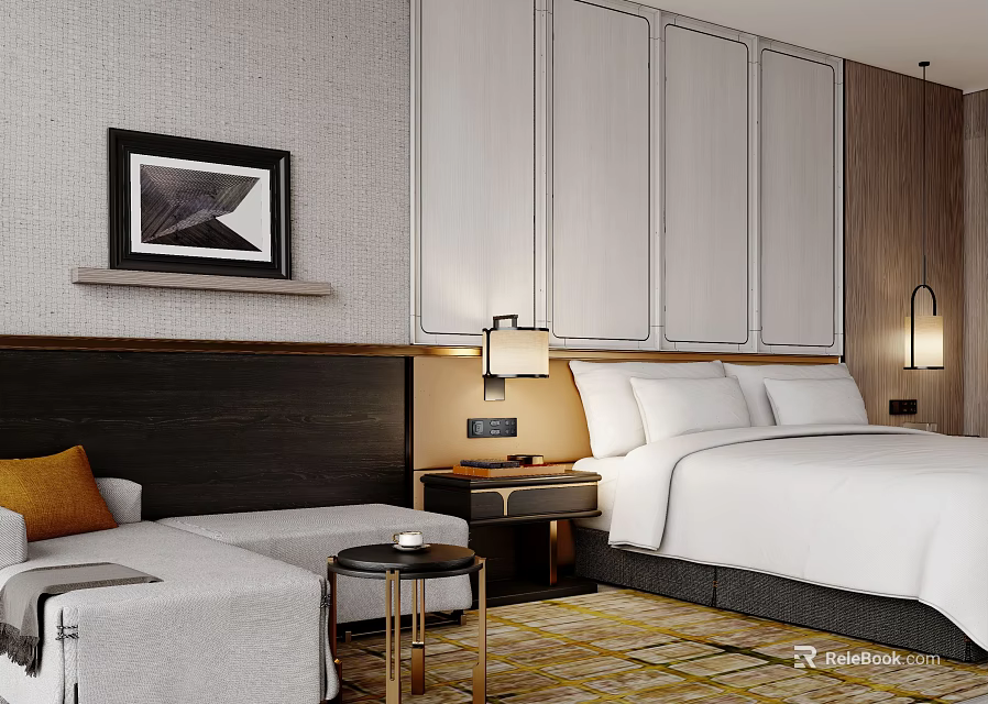 Elegant Modern Hotel Guest Room With King Bed Sofa Nightstand And Decorative Painting 3d model 