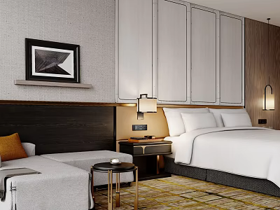 Elegant Modern Hotel Guest Room With King Bed Sofa Nightstand And Decorative Painting 3d model