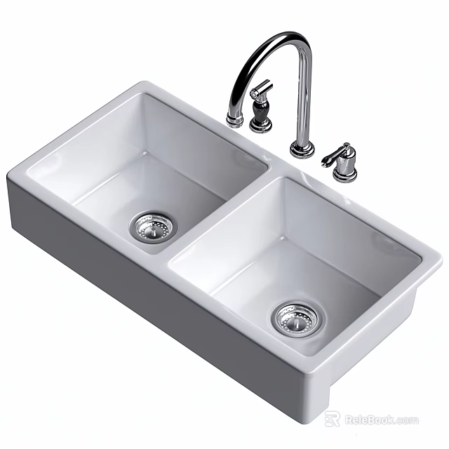 White Ceramic Double Bowl Kitchen Sink With Modern Faucet And Controls 3d model 