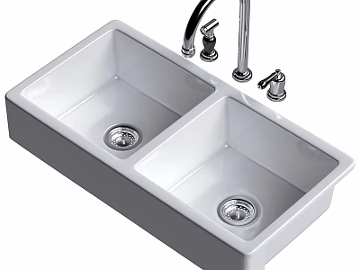 White Ceramic Double Bowl Kitchen Sink With Modern Faucet And Controls 3d model