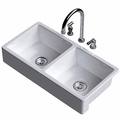 White Ceramic Double Bowl Kitchen Sink With Modern Faucet And Controls 3d model
