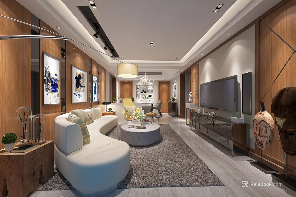 Modern Living Room Interior With White Sofa Round Coffee Table Wooden Decor And Chandelier 3d model 