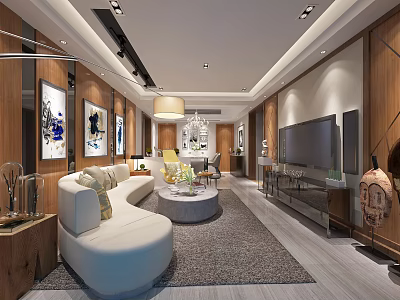 Modern Living Room Interior With White Sofa Round Coffee Table Wooden Decor And Chandelier 3d model