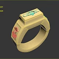 Exquisite Gold Men's Ring with Square Top Carved Pattern and Colorful Enamel Accents