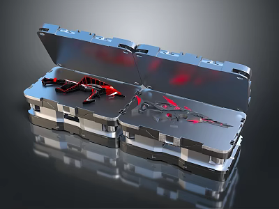 Weapons With Red Decorations In Open Silver Metal Case Reflective Surface 3d model
