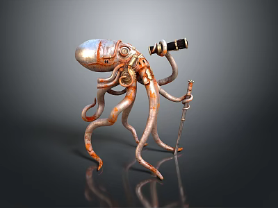 Steampunk Mechanical Octopus Character Holding Telescope And Sword With Metallic Gears 3d model