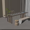 Modern Tea Table And Chairs Featuring Wooden Frame Tea Set And Green Plant 3d model