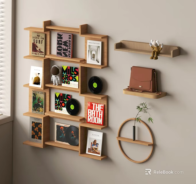 Wall Mounted Wooden Bookshelf With Books Vinyl Records Leather Bag And Potted Plant On Shelves 3d model 