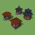 Traditional Chinese Pavilions With Black Brown Roofs And White Red Bases On Green Grass