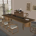 Traditional Tea Room Interior With Wooden Long Table Chairs Screen And Framed Paintings