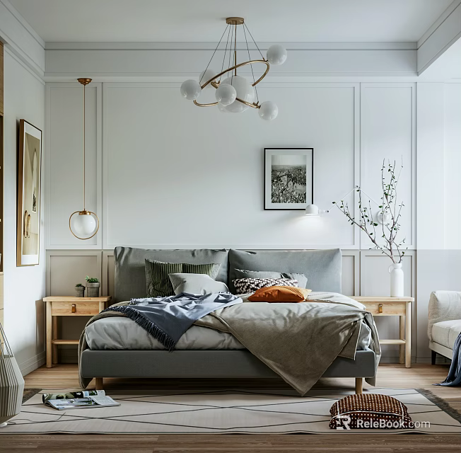 Cozy Modern Bedroom Interior With Grey Bed Wooden Nightstands And Decorative Painting Chandelier Green Plants 3d model 