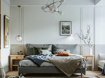 Cozy Modern Bedroom Interior With Grey Bed Wooden Nightstands And Decorative Painting Chandelier Green Plants 3d model