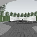 Garden Landscape With Circular Fountain White Vertical Slatted Wall Green Trees And Blue Sky