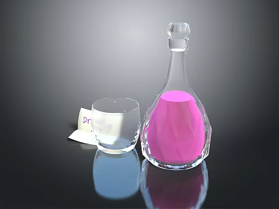 Refreshing Pink Drink in Transparent Glass Bottle with Glass Cup and Small Label 3d model