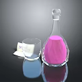 Refreshing Pink Drink in Transparent Glass Bottle with Glass Cup and Small Label