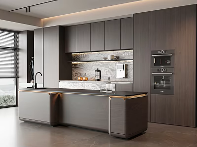 Modern Kitchen Interior Design With Dark Cabinets Island Countertop And Appliances 3d model