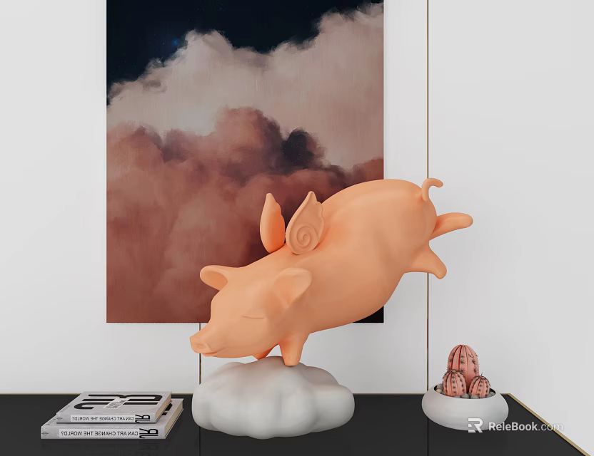 Decorative Ornament Set With Orange Pig Wings Cloud Base Small Brain Ornament Books Wall Art 3d model 