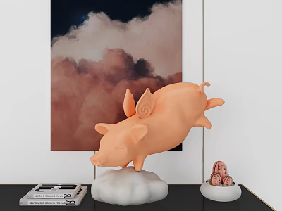 Decorative Ornament Set With Orange Pig Wings Cloud Base Small Brain Ornament Books Wall Art 3d model