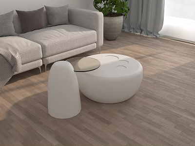 Modern Living Room Coffee Table White Round Design With Matching Stool Sofa And Green Plant 3d model