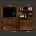 Wooden TV Stand With TV Shelves Books Discs Drawers And Scattered Remote Controls