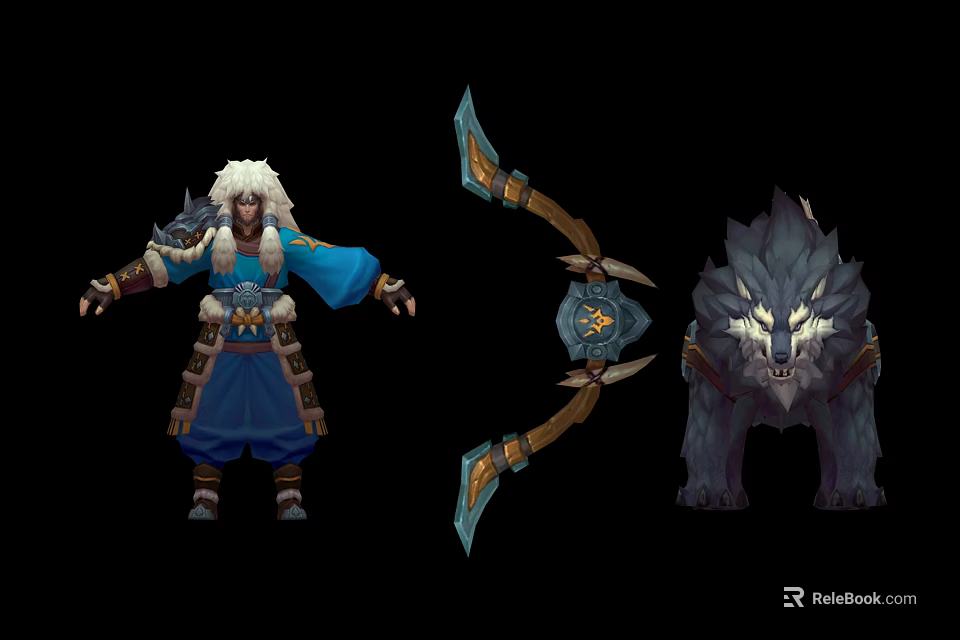 White Haired Game Character In Blue Robe With Double Bladed Bow And Wolf Companion 3d model 