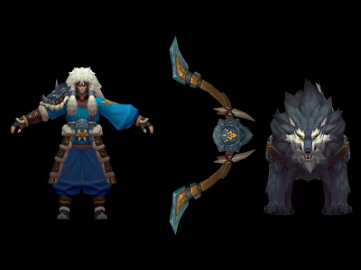 White Haired Game Character In Blue Robe With Double Bladed Bow And Wolf Companion 3d model