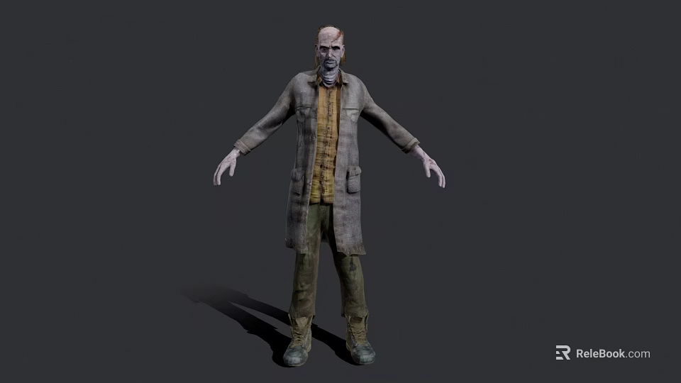 Zombie Game Movie Character With Tattered Skin Long Coat And Yellow Shirt 3d model 