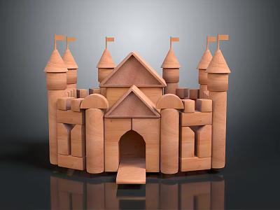 Wooden Building Blocks Castle with Towers Spires Flags and Arched Entrance Design 3d model