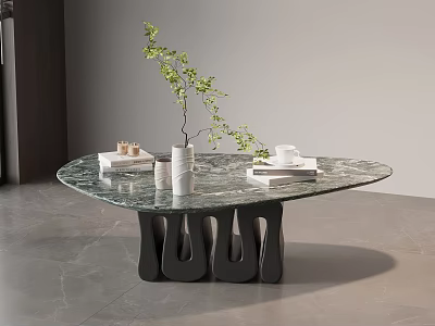 Modern Marble Coffee Table With Sculptural Black Legs And Green Plant Decor 3d model