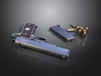 Detailed Handgun Display With Magazine And Bullets On Dark Surface 3d model