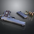 Detailed Handgun Display With Magazine And Bullets On Dark Surface