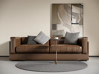 Modern Brown Two-Seater Sofa with Gray Cushions Round Gray Rug and Abstract Geometric Wall Art 3d model