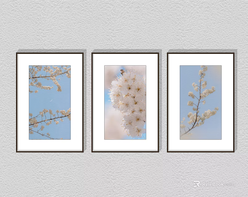 Three Framed Botanical Paintings with Cherry Blossom Flowers Against Gray Wall Background 3d model 