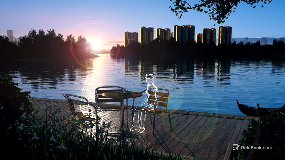 Scenic Lake View At Sunset With Wooden Deck Table Chairs And High Rise Buildings 3d model 