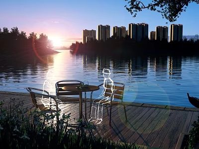 Scenic Lake View At Sunset With Wooden Deck Table Chairs And High Rise Buildings 3d model