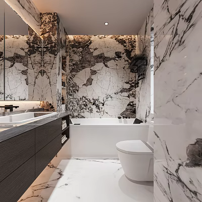 Luxurious Modern Bathroom With Marble Walls Freestanding Bathtub And Vanity 3d model