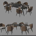 Modern Dining Table Set With Six Beige Chairs Black Table Top And Table Setting 3d model