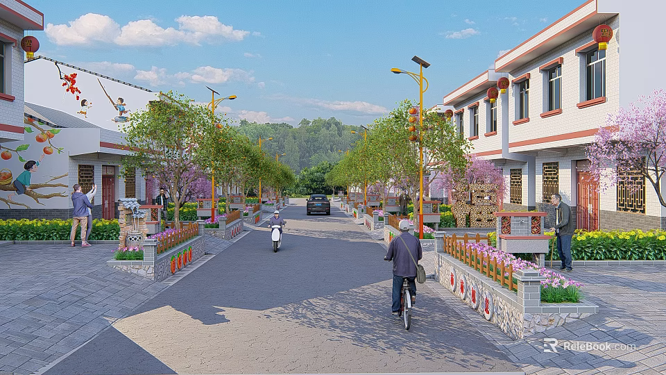 Vibrant Traditional Commercial Street With Pedestrians Cyclists Green Trees And Shop Fronts 3d model 
