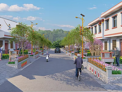 Vibrant Traditional Commercial Street With Pedestrians Cyclists Green Trees And Shop Fronts 3d model