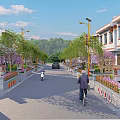 Vibrant Traditional Commercial Street With Pedestrians Cyclists Green Trees And Shop Fronts