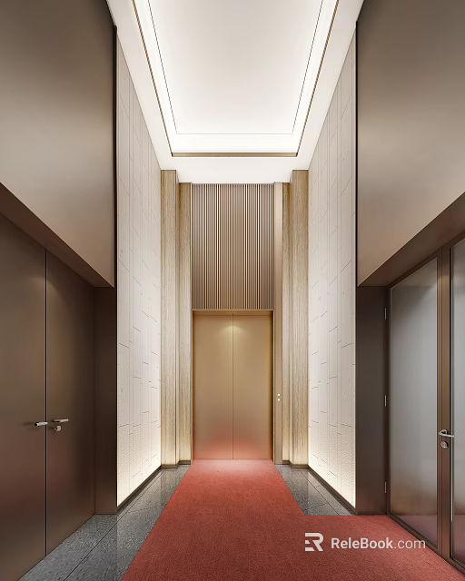 Modern Elevator Hallway With White Stone Walls Wooden Strips Square Ceiling Light And Golden Door 3d model 