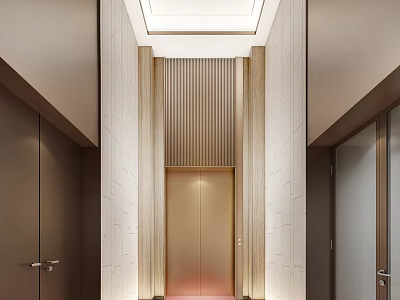 Modern Elevator Hallway With White Stone Walls Wooden Strips Square Ceiling Light And Golden Door 3d model